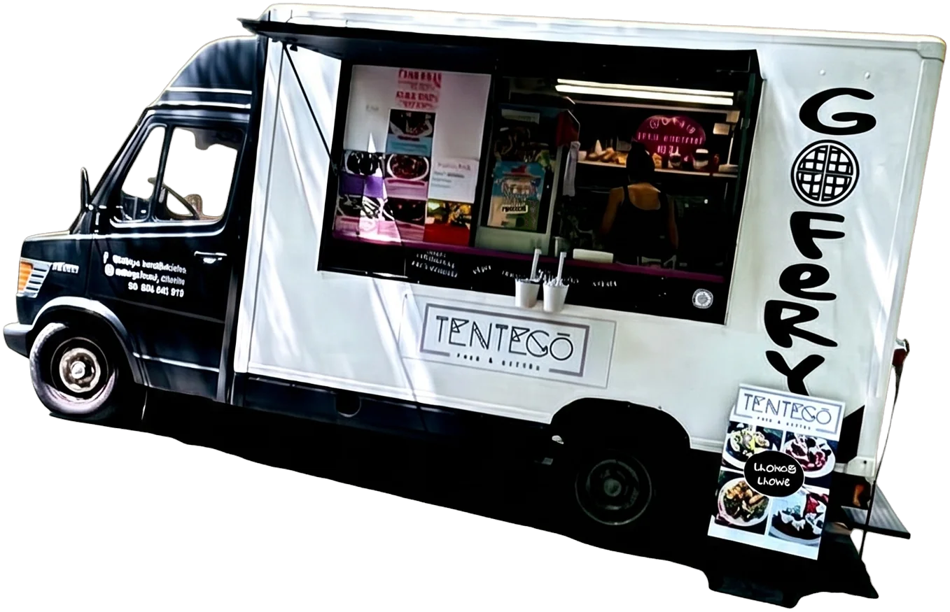 Wymiary food trucka i checklista techniczna: 5,5m długości, 2,2m szerokości, przyłącze prądu